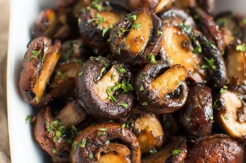 Crispy air fryer mushrooms served in a bowl, garnished with herbs.