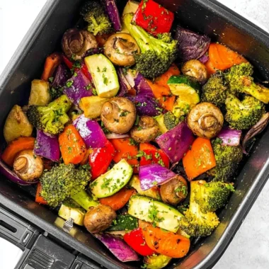 Delicious air fryer vegetables dish served, showcasing bright and colorful veggies