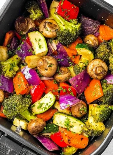 Delicious air fryer vegetables dish served, showcasing bright and colorful veggies