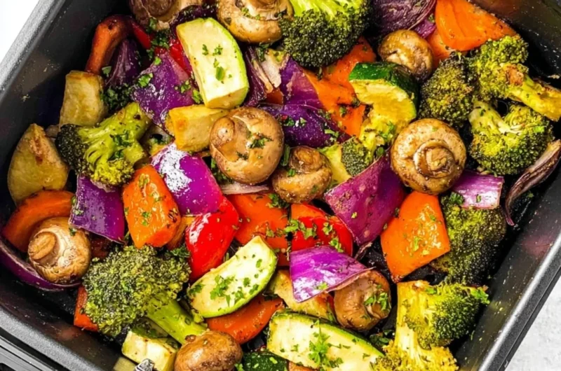 Delicious air fryer vegetables dish served, showcasing bright and colorful veggies