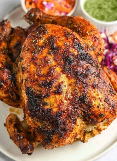 A deliciously golden Air Fryer whole roasted chicken served with herbs and spices.