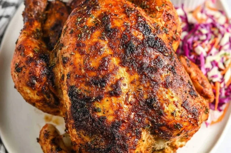 A deliciously golden Air Fryer whole roasted chicken served with herbs and spices.