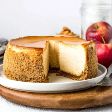 Slice of delicious Apple Cider Cheesecake with a golden apple topping