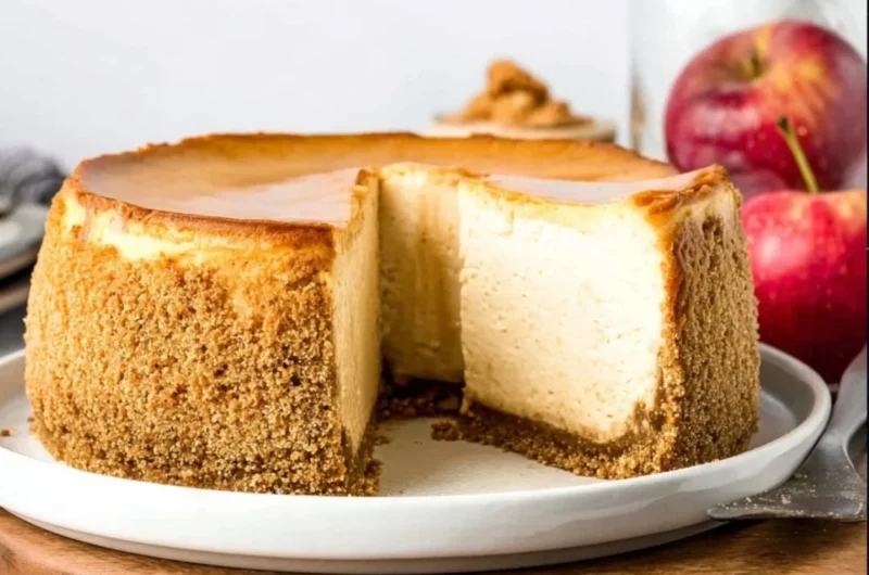 Slice of delicious Apple Cider Cheesecake with a golden apple topping