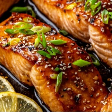 A plate of baked teriyaki salmon garnished with green onions and sesame seeds