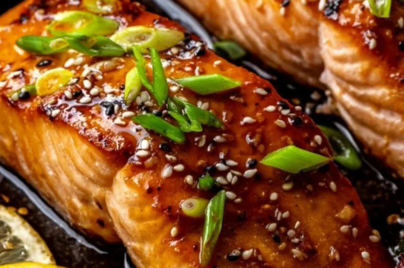 A plate of baked teriyaki salmon garnished with green onions and sesame seeds