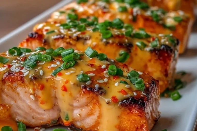 Bang Bang Salmon dish featuring spicy sauce and garnishes.