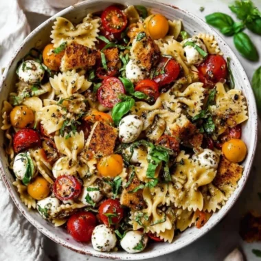 Bruschetta Pasta Salad with mini mozzarella balls, cherry tomatoes, and basil.