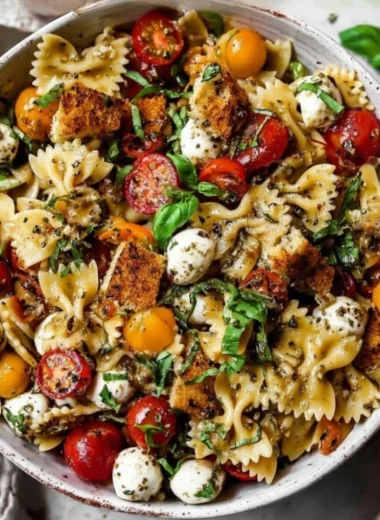 Bruschetta Pasta Salad with mini mozzarella balls, cherry tomatoes, and basil.