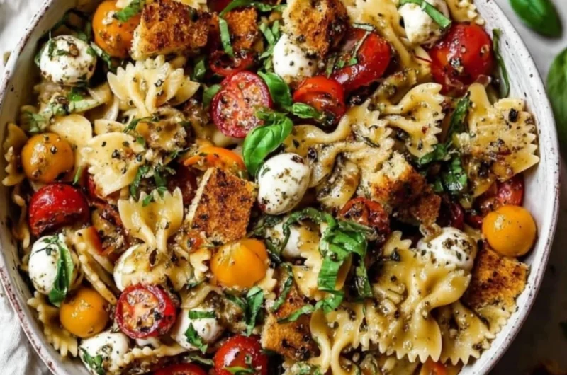 Bruschetta Pasta Salad with mini mozzarella balls, cherry tomatoes, and basil.