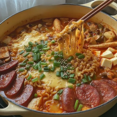 A steaming bowl of Budae Jjigae, Korean Army Stew with meats and vegetables.