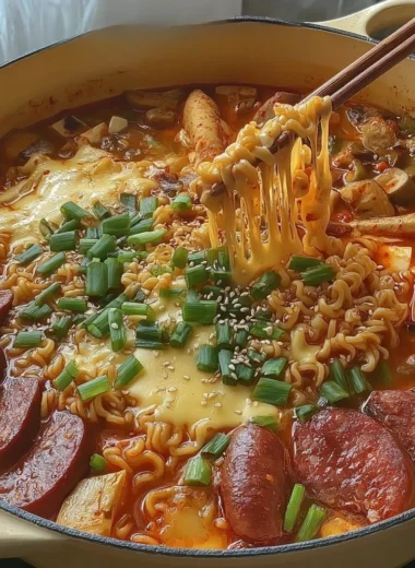 A steaming bowl of Budae Jjigae, Korean Army Stew with meats and vegetables.