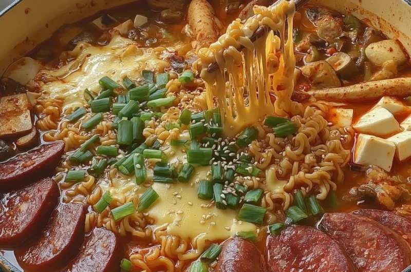 A steaming bowl of Budae Jjigae, Korean Army Stew with meats and vegetables.