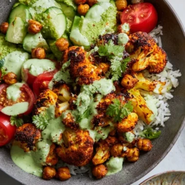 Cauliflower Shawarma Bowl with fresh veggies and tahini sauce