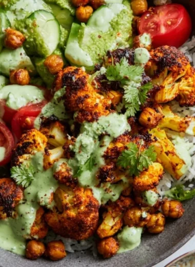 Cauliflower Shawarma Bowl with fresh veggies and tahini sauce