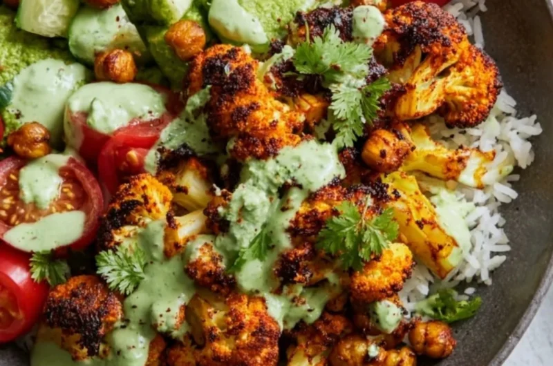 Cauliflower Shawarma Bowl with fresh veggies and tahini sauce
