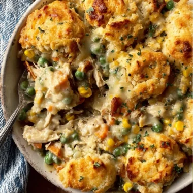 Delicious homemade chicken casserole topped with cheese and herbs