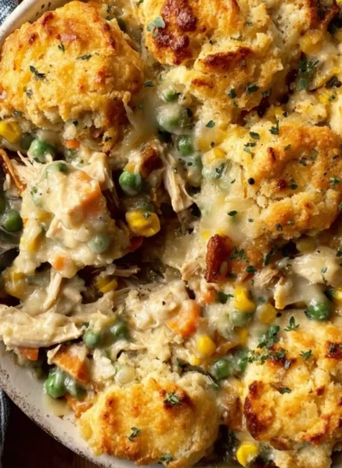 Delicious homemade chicken casserole topped with cheese and herbs