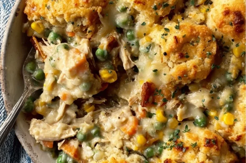 Delicious homemade chicken casserole topped with cheese and herbs