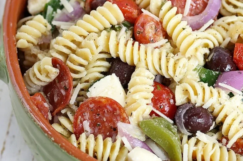Bowl of colorful classic pasta salad with vegetables and dressing