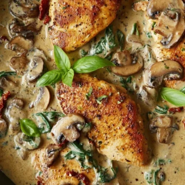 Creamy mushroom chicken served on a plate with herbs and sauce
