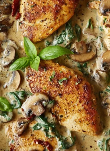 Creamy mushroom chicken served on a plate with herbs and sauce