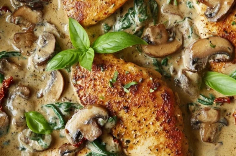 Creamy mushroom chicken served on a plate with herbs and sauce