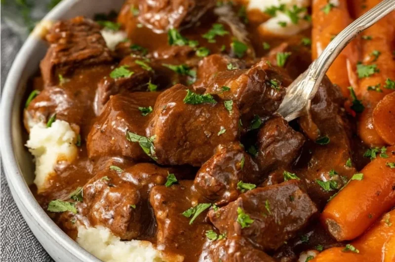Crock Pot beef tips and gravy served in a bowl with vegetables