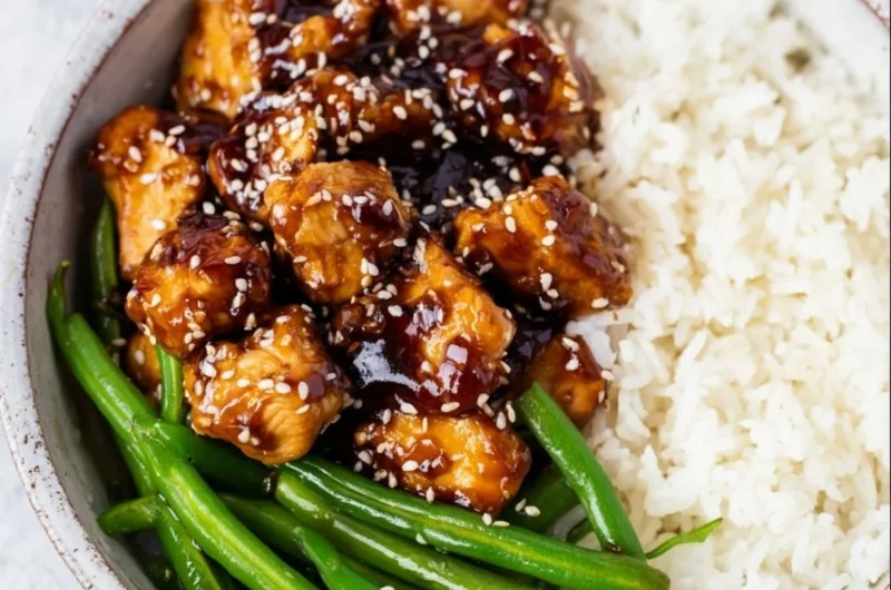 Delicious plate of easy and healthy sesame chicken with vibrant vegetables