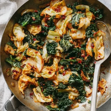 Skillet of garlic sautéed cabbage and kale