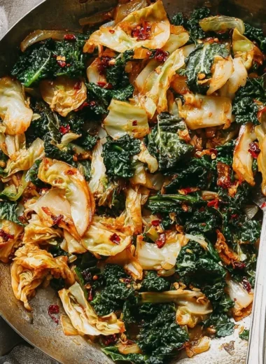 Skillet of garlic sautéed cabbage and kale