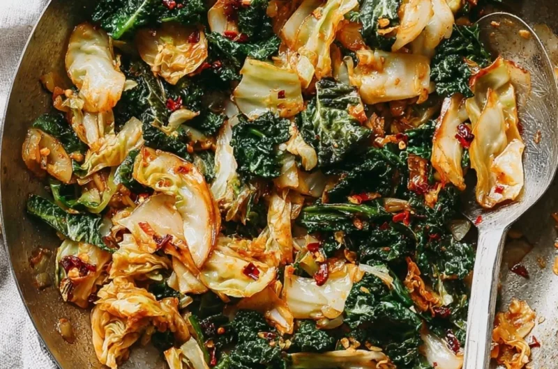 Skillet of garlic sautéed cabbage and kale
