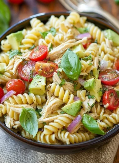Healthy Chicken Pasta Salad with fresh ingredients and vibrant colors