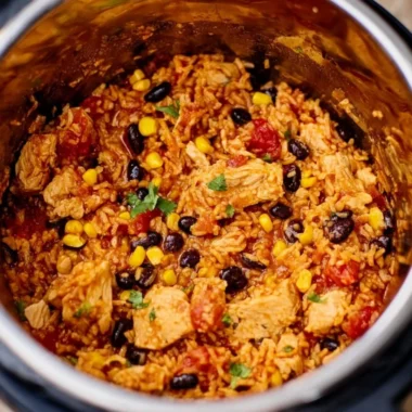 Delicious Instant Pot Chicken Burrito Bowl with chicken, rice, and toppings
