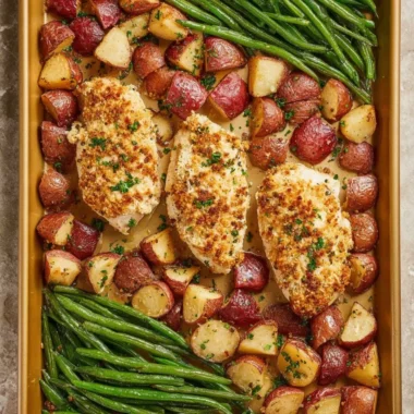 Delectable Parmesan Crusted Chicken on a sheet pan with vegetables