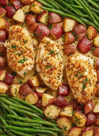 Delectable Parmesan Crusted Chicken on a sheet pan with vegetables