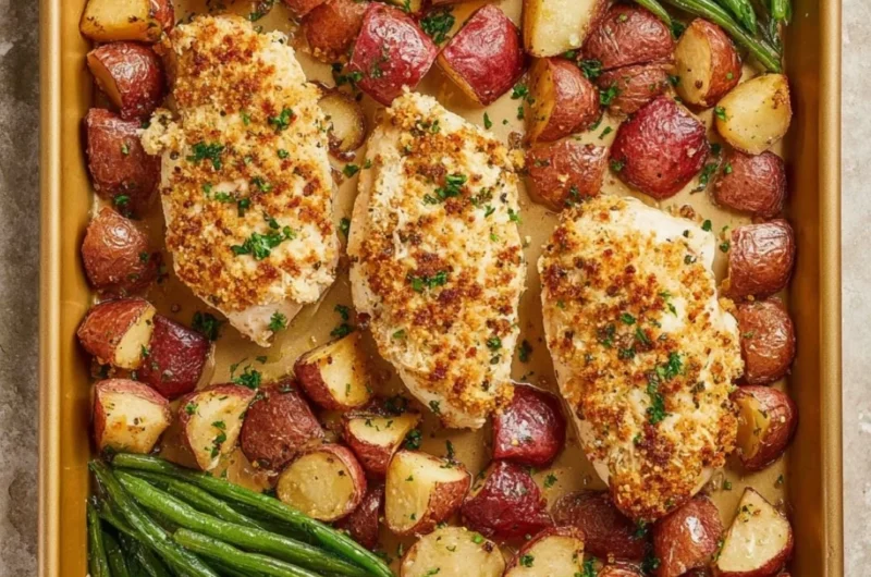 Delectable Parmesan Crusted Chicken on a sheet pan with vegetables