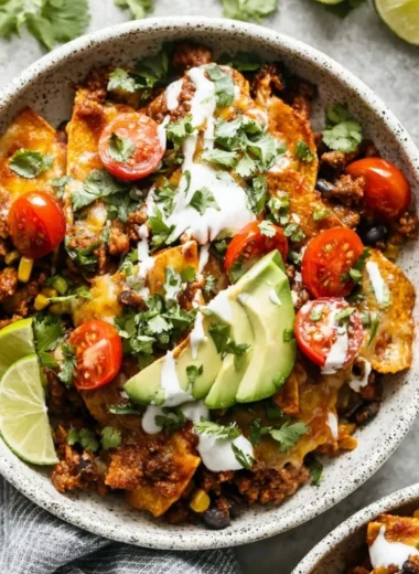 Delicious quick one-pan enchilada topped with cheese and fresh ingredients