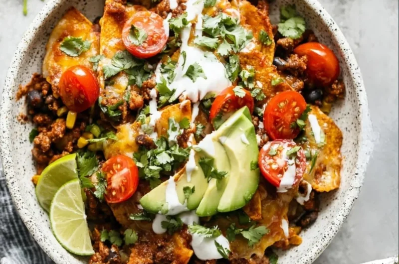 Delicious quick one-pan enchilada topped with cheese and fresh ingredients