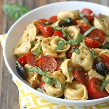 Roasted red pepper and Parmesan tortellini salad in a bowl