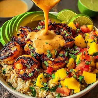 Shrimp and avocado bowls with mango salsa and lime-chili sauce