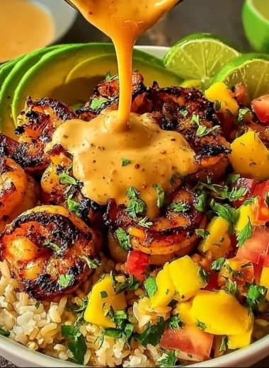 Shrimp and avocado bowls with mango salsa and lime-chili sauce