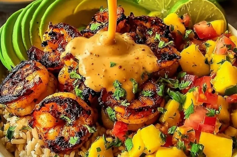 Shrimp and avocado bowls with mango salsa and lime-chili sauce