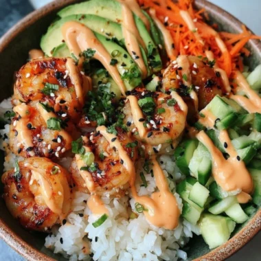 Shrimp rice bowl topped with spicy mayo and fresh vegetables
