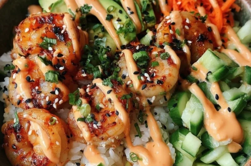 Shrimp rice bowl topped with spicy mayo and fresh vegetables
