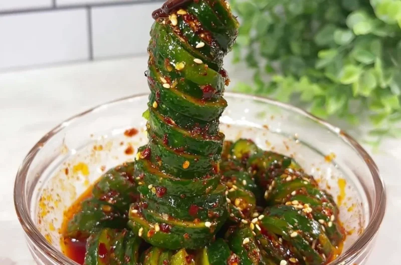 Spiral cucumber salad with Korean-inspired flavors and fresh ingredients.