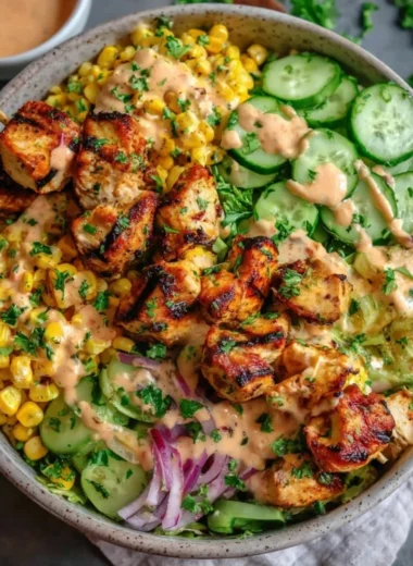Delicious Street Corn Creamy Cucumber Chicken Salad on a plate