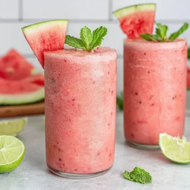 Freshly blended watermelon smoothie in a glass with mint leaves