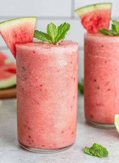 Freshly blended watermelon smoothie in a glass with mint leaves