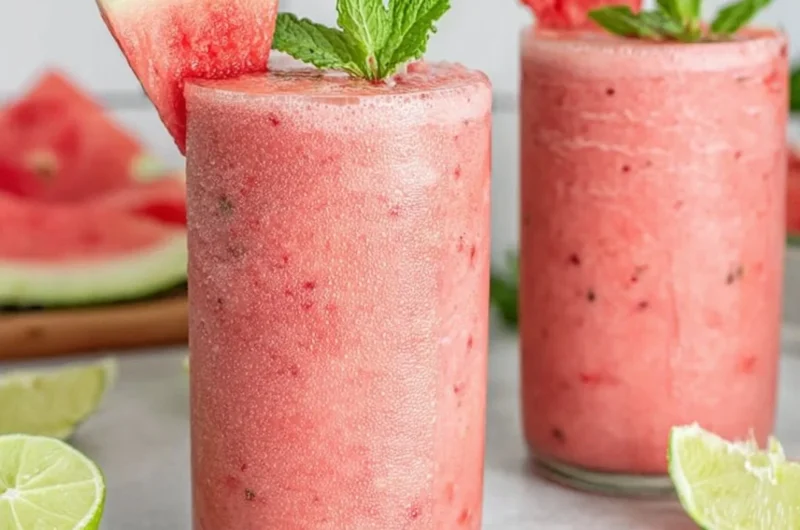 Freshly blended watermelon smoothie in a glass with mint leaves